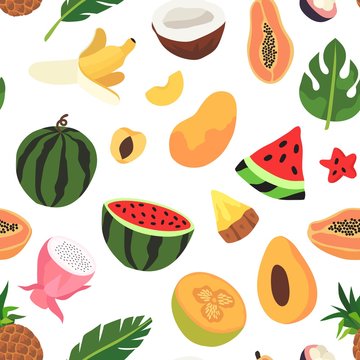Seamless pattern or texture with different exotic and tropic ripe fruits such as papaya, mango, watermelon, coconut, pitaya, pineapple, mangis, banana and floral elments for print, packaging design.