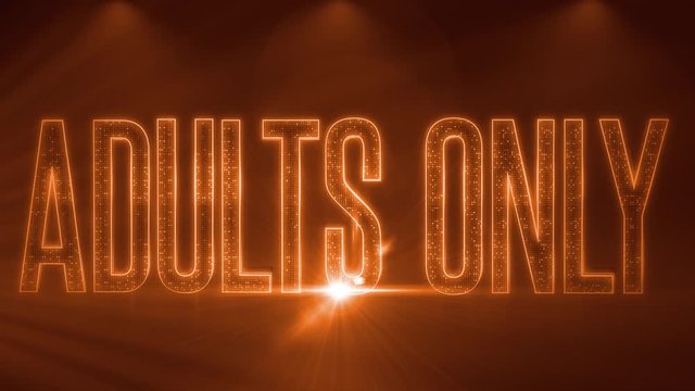 Realistic 3D render of a vivid and vibrant animated LED sign, with the words Adults Only, on a smokey background with volumetric lights