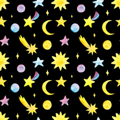 Watercolor hand drawn multi colored stars, moon, sun and comets seamless pattern isolated on black background. Outer space print for  textile, wallpaper, wrapping paper, background, design etc.