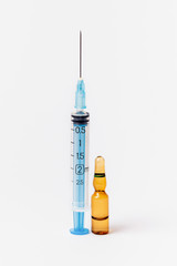 Syringe and vaccine on a white background.  Injection on a white background