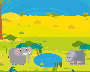 cartoon africa safari scene with cute wild animals by the pond illustration