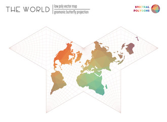 Abstract world map. Gnomonic butterfly projection of the world. Spectral colored polygons. Stylish vector illustration.