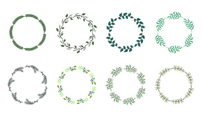 Collection of isolated sketchy botanical round wreaths with leaves and branches. Set of spring floral frames for greeting card design, wedding decoration