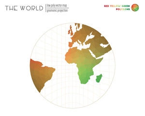 Low poly world map. Gnomonic projection of the world. Red Yellow Green colored polygons. Contemporary vector illustration.