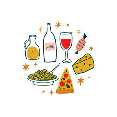 Modern cartoon colorful flat stylized Italian icons symbols, label, cute illustration. Doodle landmarks concept, food and drinks of Italy. Vector EPS clip art