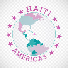 Haiti round logo. Badge of country with map of Haiti in world context. Country sticker stamp with globe map and round text. Superb vector illustration.