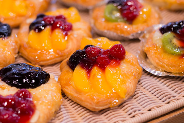 Honey Arabic Fruit Cake. Honey cake. Home made cake with beautiful fresh fruit decoration. Celebrating happy birthday.