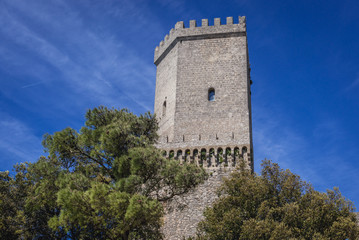 Fototapeta na wymiar Tower of Balio Castle in Erice, small town located on a mountain near Trapani city, Sicily Island in Italy