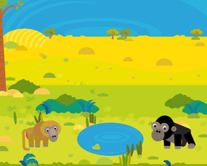 cartoon africa safari scene with cute wild animals by the pond illustration