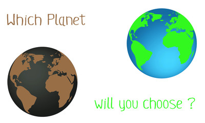 Poster template for the Earth Day holiday. An example of a destructive influence on the Earth, and an example of caring for the Planet. A call to thought and action. Vector illustration.