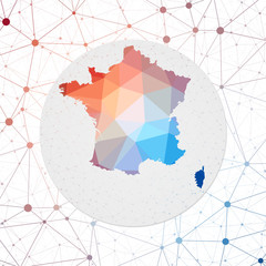 Abstract vector map of France. Technology in the country geometric style poster. Polygonal France map on 3d triangular mesh backgound. EPS10 Vector.