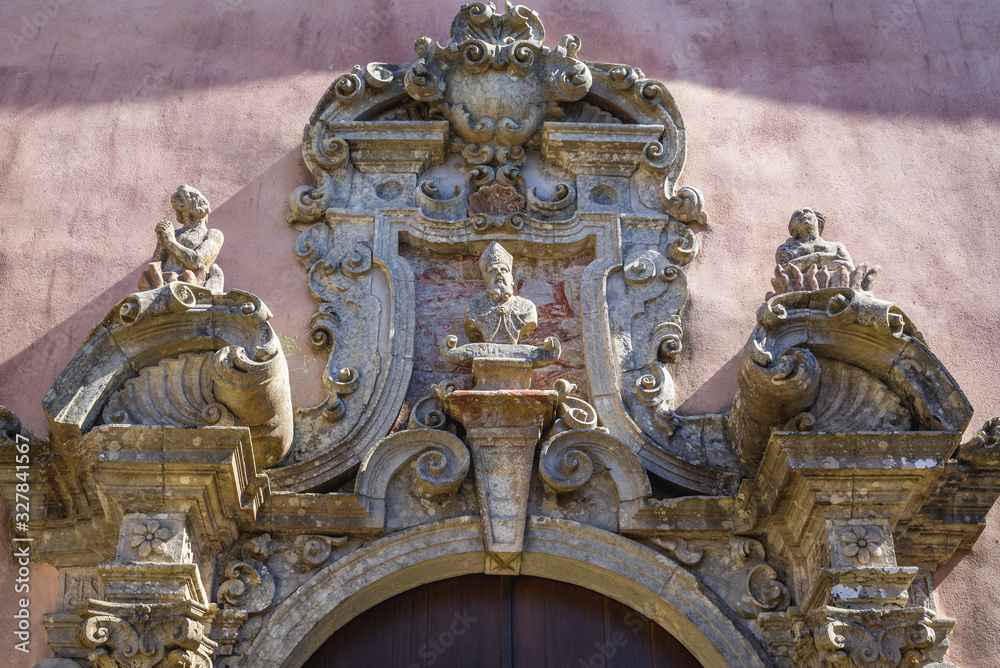 Wall mural Details of Roman Catholic Church of St Martin in Erice, small town located on a mountain near Trapani city, Sicily Island in Italy