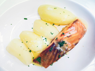 Grilled Salmon with fresh lettuce and mash potatoes