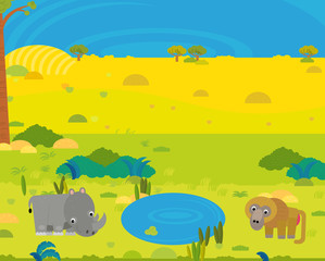 cartoon africa safari scene with cute wild animals by the pond illustration