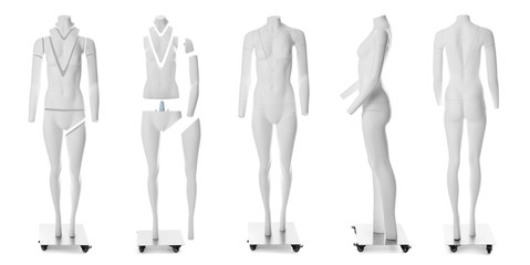 Set of ghost headless mannequins with removable pieces on white background