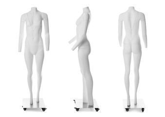 Set of ghost headless mannequins with removable pieces on white background