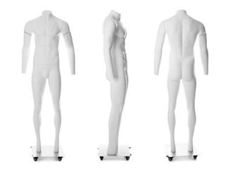 Set of ghost headless mannequins with removable pieces on white background - obrazy, fototapety, plakaty