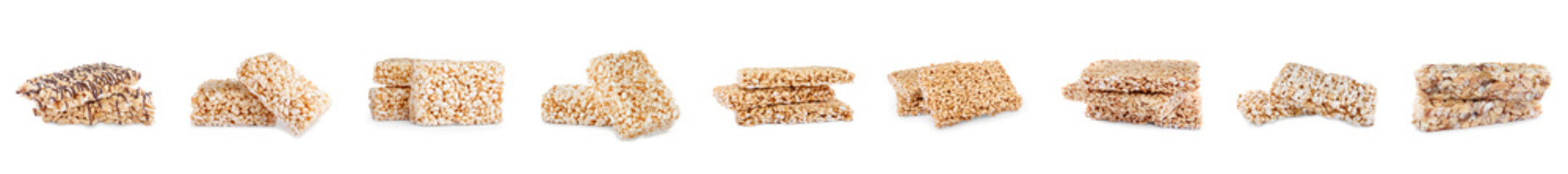 Set of delicious rice crispy treats on white background. Banner design