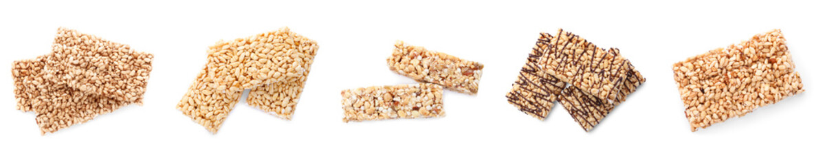 Set of delicious rice crispy treats on white background, top view. Banner design