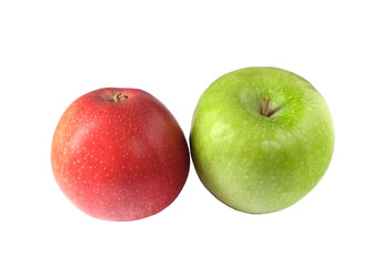 green and red apple on a white background