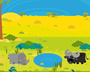 cartoon africa safari scene with cute wild animals by the pond illustration