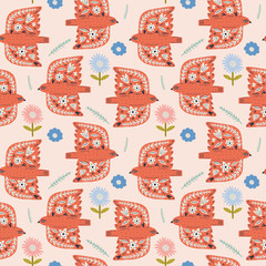 Spring seamless pattern. Birds with folk nordic floral ornaments. Paper cut animals in flat modern scandinavian style. Hand drawn colored set. Hygge and lagom design concept. Vector EPS