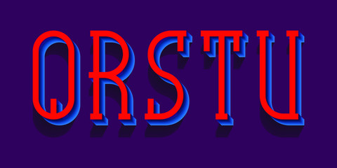 Q, R, S, T, U illusive red blue letters. Urban 3d letters font.