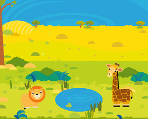 Obraz na płótnie Canvas cartoon africa safari scene with cute wild animals by the pond illustration