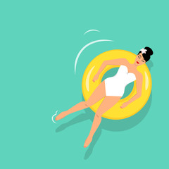 Woman floating and sunbathing in inflatable ring, summer vector illustration, top view