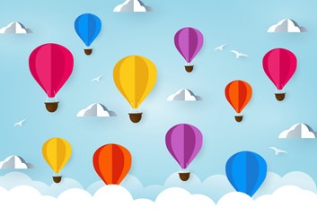 Colorful Air Balloons on sky. with Cloud and birds. paper art concept