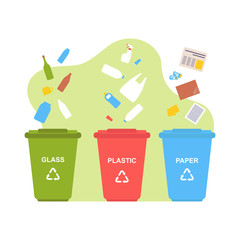 Waste management and recycling concept. Different colored trash cans with paper, plastic and glass. Segregate waste, sorting garbage, waste management. Flat design modern vector illustration concept.