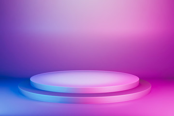 Abstract Blue Pink vibrant Pedestal Stage for Winning Awards , Blank Gold round podium for present advertising product design mockup. 3D render illustration