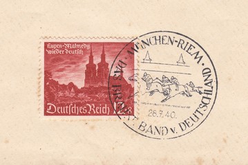 Reintegration of the territories of Eupen. Postmark of Munich stadium Rome. Horse race "Brown Ribbon", stamp Germany 1940