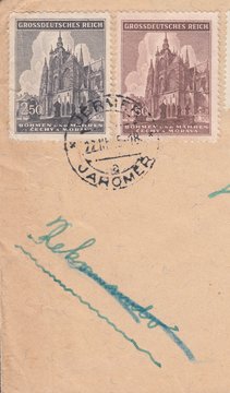 Cathedral of saints Vitus, Wenceslas and Adalbert in Prague. Postmark was from city Jaromer, stamp Bohemia and Moravia 1945