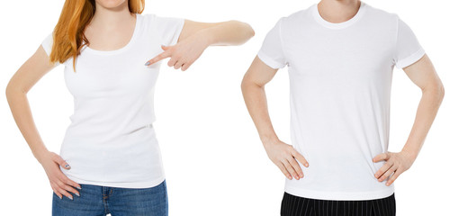 T-shirt design, people concept - closeup of young girl and man guy in blank white shirt, front isolated. Mock up template for design print tshirt.
