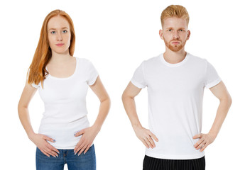 T-shirt design, people concept - closeup of young girl and man guy in blank white shirt, front isolated. Mock up template for design print tshirt.