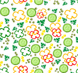 Vegetable pattern - vector illustration. Set of slice vegetables for salad. Juicy and ripe vegetables. Healthy food - vegetarian menu. Delicious greens, corn seeds and bell peppers. Slice cucumbers