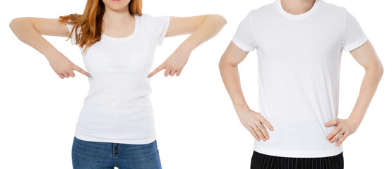 White t shirt set close up mockup - girl man t-shirt background, empty white shirt