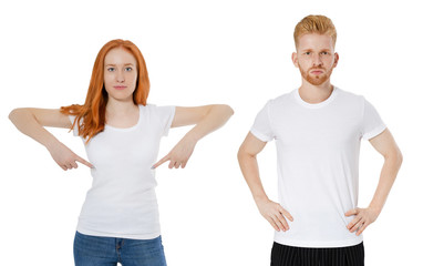 Red-head woman and man in white t-shirt set isolated copy space, white t shirt collage male and female
