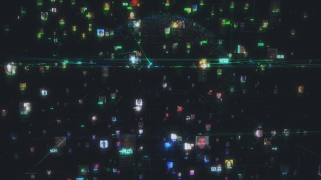 man and woman faces connection at social network in big data concept footage with a global linked flood of people portraits on the background of the planet earth model, 3d rendering 4K video.