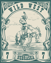 vector image of a cowboy on a horse in the form of a postage stamp with the inscription Nebraska - obrazy, fototapety, plakaty