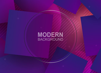 Abstract purple background with blue squares and a round transparent frame with a shiny subtle border