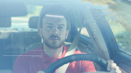 Future. Face Detection. Technological 3d Scanning. Biometric Facial Recognition. Face Id. Technological Scanning of the Face of Handsome Caucasian Man In The Car for Facial Recognition. Shoted by Arri