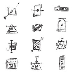 Abstract Black Pen Geometric Technical Drawing Sketches or Doodles Icon Set