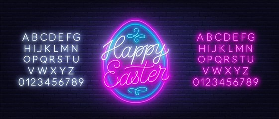 Happy Easter neon lettering in the shape of an egg. Glowing greeting card. Neon alphabet on a dark background.