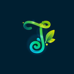 J letter eco logo with green curved lines, leaves and dew drops.