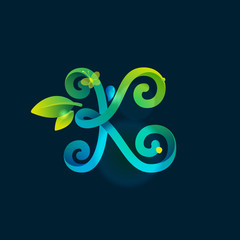 K letter eco logo with green curved lines, leaves and dew drops.