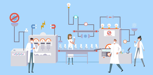  Group of scientists, doctors working in laboratory, research and development of medication. Coronavirus antivirus medical research concept. Editable Vector illustration.