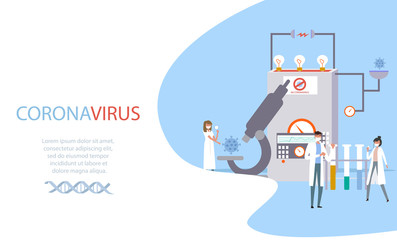 Fototapeta na wymiar Group of scientists, doctors working in laboratory, research and development of medication. Coronavirus antivirus medical research concept. Editable Vector illustration.
