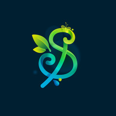 S letter eco logo with green curved lines, leaves and dew drops.